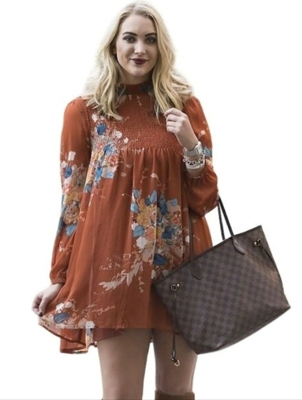 Leith Rust Orange Smocked Dress with Floral Accents